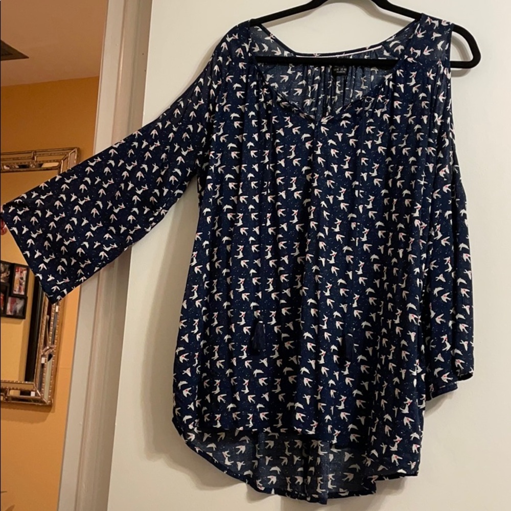 Blue & white bare shoulder blouse